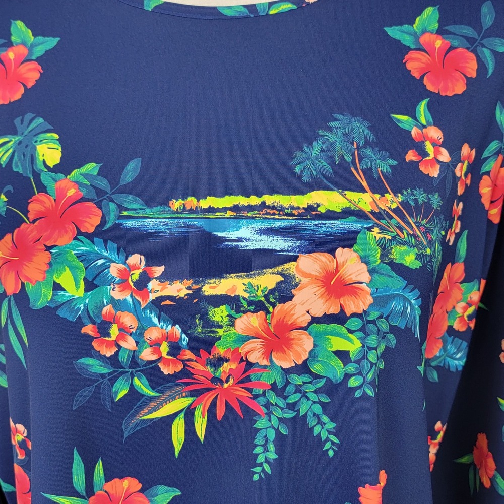 Lands' End Women's L 14-16 Navy Blue Tropical Hibiscus UPF 50+ Rash Guard Top - Picture 4 of 11